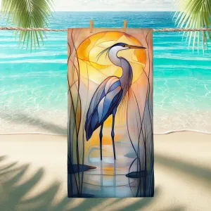 Elegant Heron Beach Towel Blue Crane Design Quick Dry Soft Absorbent Sand Free Lightweight Bath Blanket, Pool Picnic Essentials, Outdoor Travel Camping 62x31 Inch