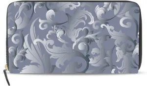 Elegant light Grey White Medieval Baroque Vintage Antique Damask Leather Long Wallet Organizer with Zipper Purse Clutch Bag for Women Men Key Card Coin Passport Checkbook 8 x 4 inch