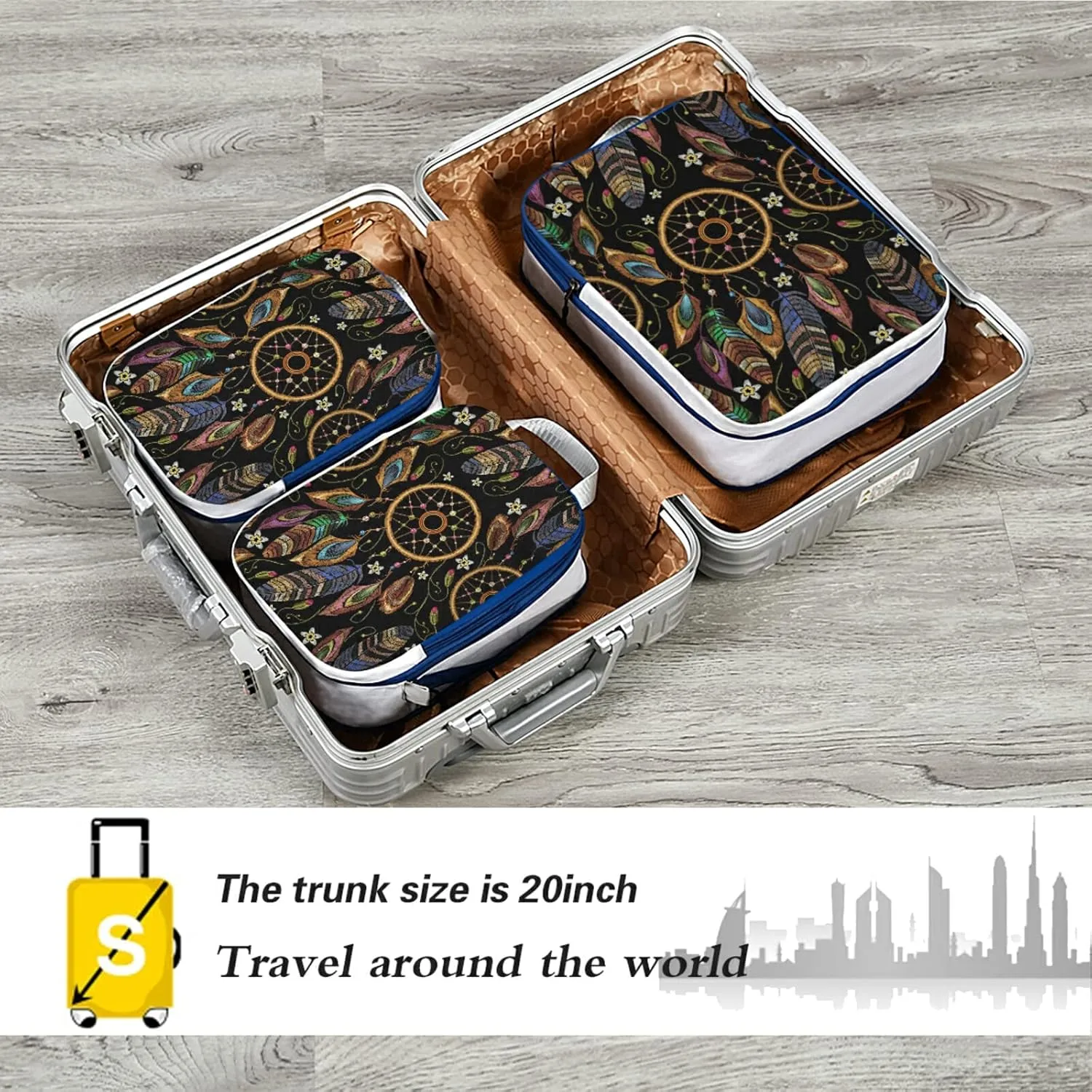 Embroidery Dream Catcher Native American Indian Tribal Feathers 3 Piece set Cubes Expandable Adjustable Luggage Packing Bags, Ultralight Organizer Accessories Travel Suitcase Compressible Bags