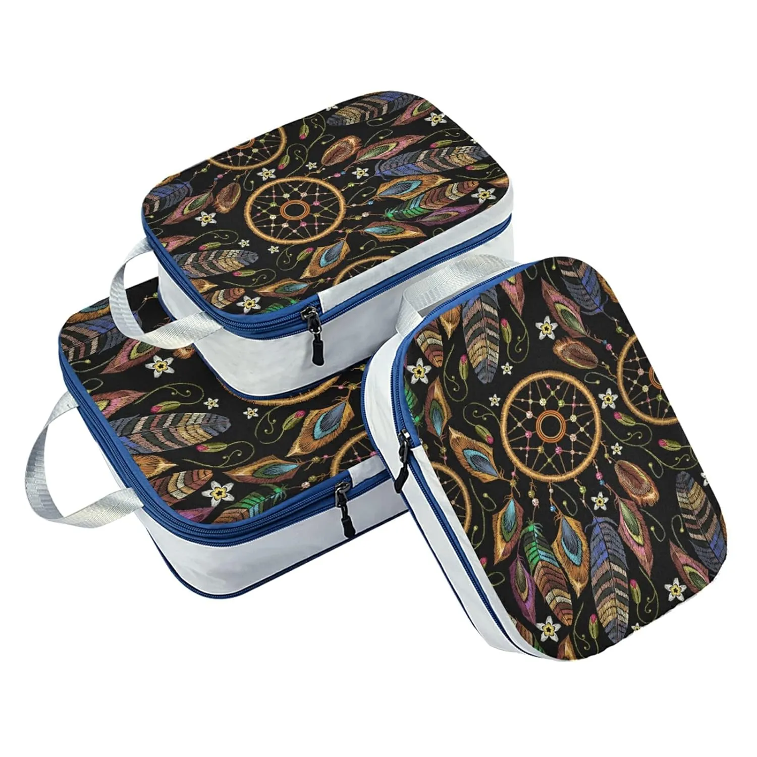 Embroidery Dream Catcher Native American Indian Tribal Feathers 3 Piece set Cubes Expandable Adjustable Luggage Packing Bags, Ultralight Organizer Accessories Travel Suitcase Compressible Bags
