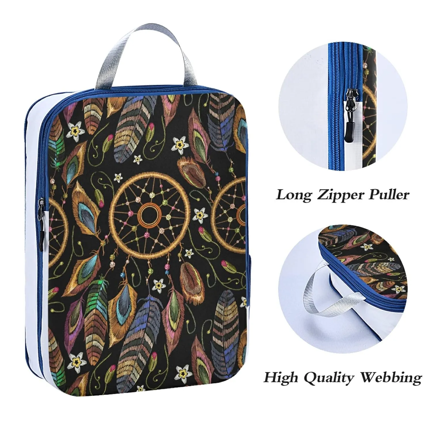 Embroidery Dream Catcher Native American Indian Tribal Feathers 3 Piece set Cubes Expandable Adjustable Luggage Packing Bags, Ultralight Organizer Accessories Travel Suitcase Compressible Bags