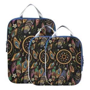 Embroidery Dream Catcher Native American Indian Tribal Feathers 3 Piece set Cubes Expandable Adjustable Luggage Packing Bags, Ultralight Organizer Accessories Travel Suitcase Compressible Bags