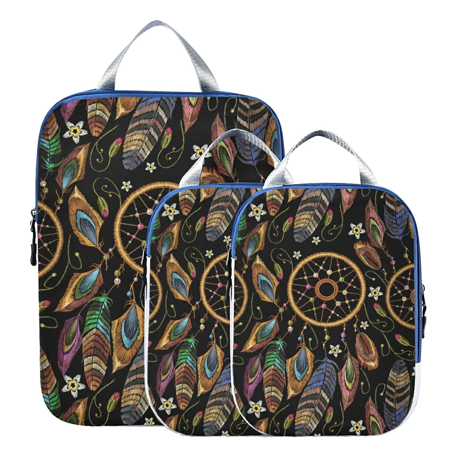 Embroidery Dream Catcher Native American Indian Tribal Feathers 3 Piece set Cubes Expandable Adjustable Luggage Packing Bags, Ultralight Organizer Accessories Travel Suitcase Compressible Bags