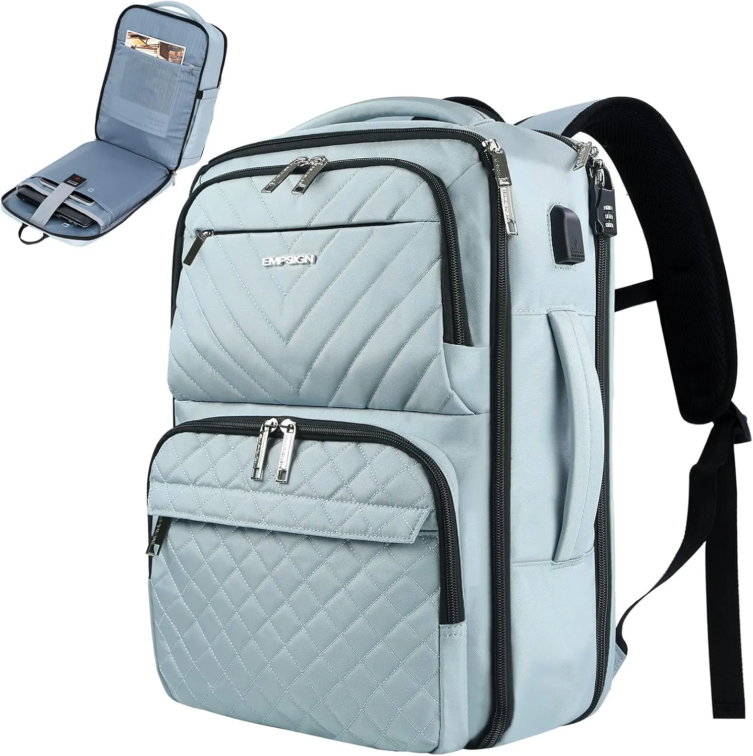 EMPSIGN Travel Backpack for Women, Large Carry On Backpack Airline Approved Personal Item, 17 inch TSA Friendly Laptop Backpack with USB Port, Casual Daypack for Weekender Business Hiking, Light Blue