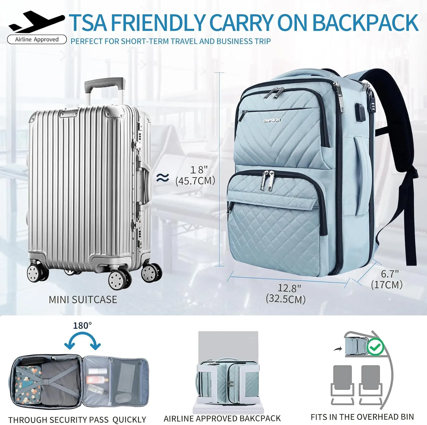 EMPSIGN Travel Backpack for Women, Large Carry On Backpack Airline Approved Personal Item, 17 inch TSA Friendly Laptop Backpack with USB Port, Casual Daypack for Weekender Business Hiking, Light Blue