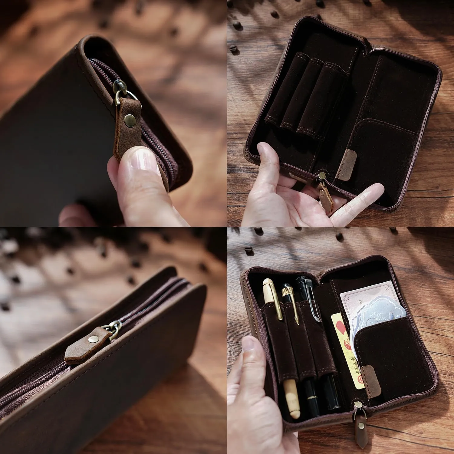 EURYNOME Leather Fountain Pen Holder,Leather Pencil Case Shockproof 3 Divided Slots,Portable Storage Bag for Invoice/Receipt/Cards/Coupon/Tickets
