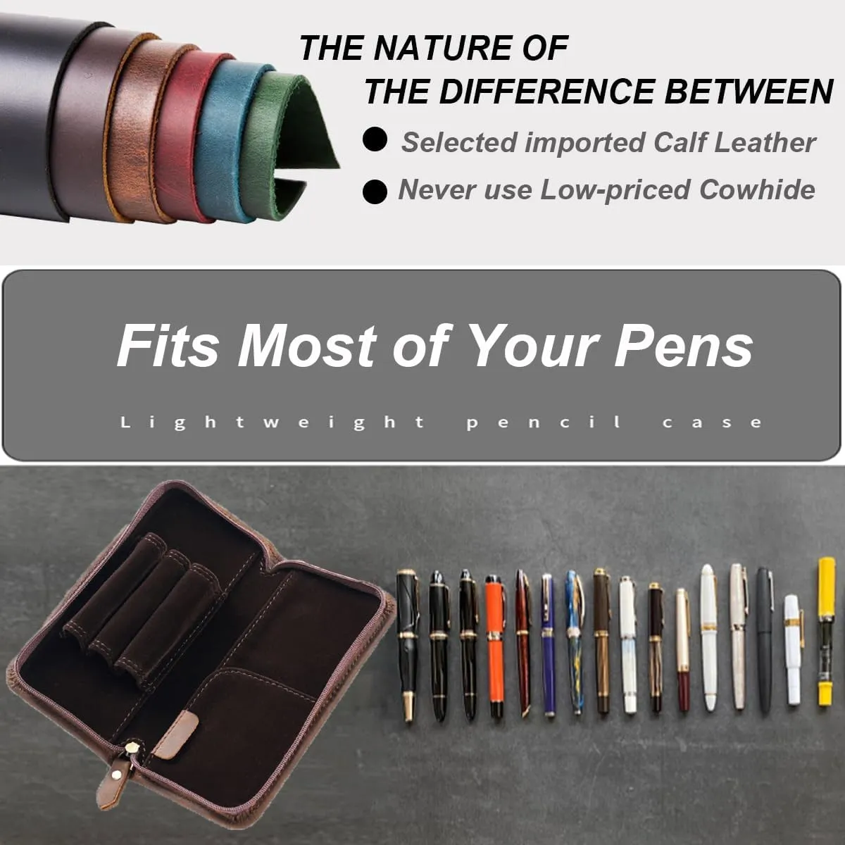 EURYNOME Leather Fountain Pen Holder,Leather Pencil Case Shockproof 3 Divided Slots,Portable Storage Bag for Invoice/Receipt/Cards/Coupon/Tickets
