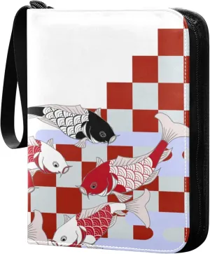Exnundod 4 Pocket Trading Card Binder Black Red Koi Fish PU Leather Card Collection Binder Japanese Grid 400 Cards Organizer Binder Collectible Trading Card Albums for Sports Game Card