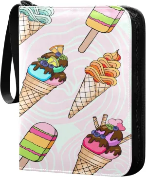 Exnundod 4 Pocket Trading Card Binder Doodle Waffle Ice Cream PU Leather Card Collection Binder Colorful Summer 400 Cards Organizer Binder Collectible Trading Card Albums for Sports Game Card