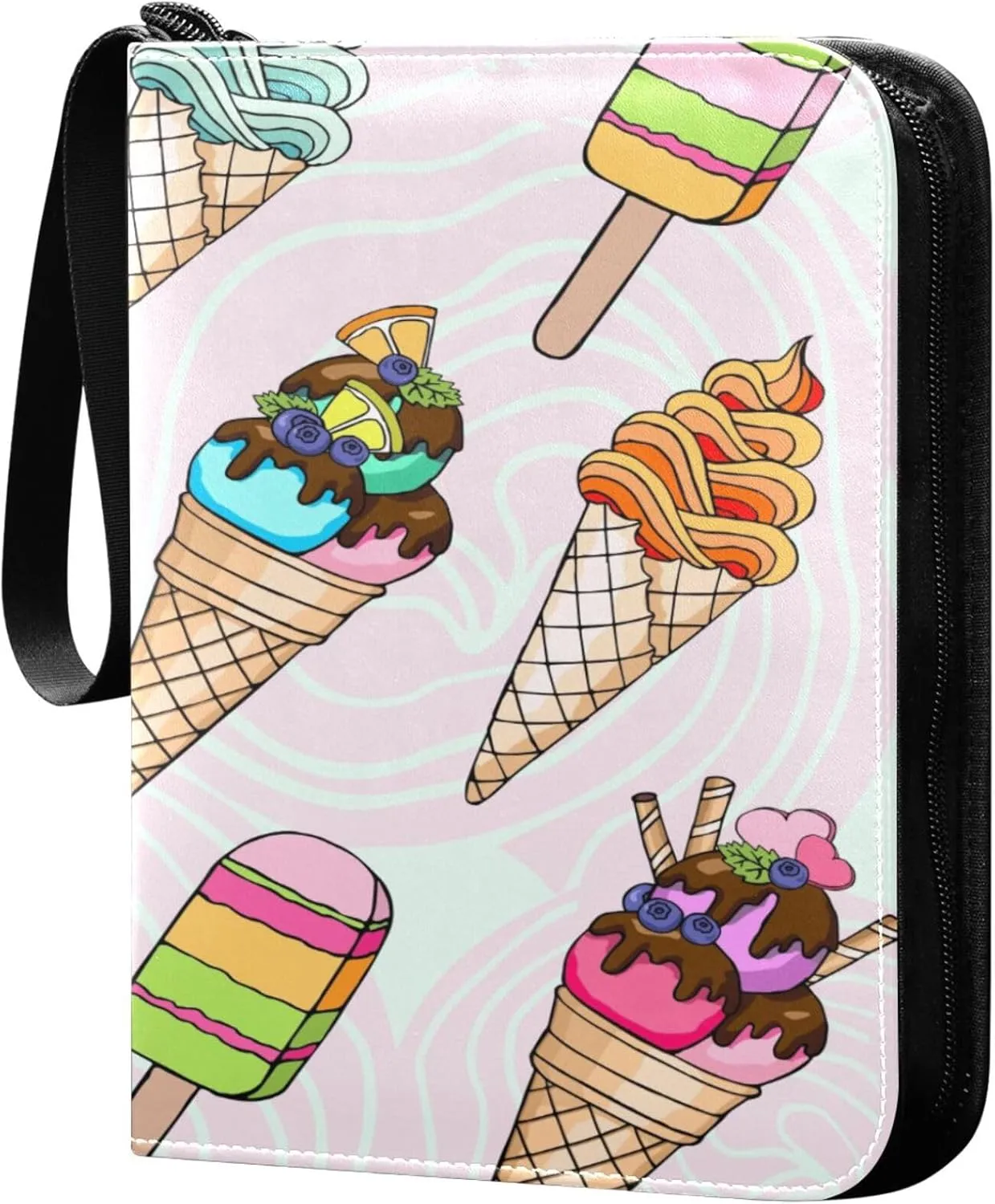Exnundod 4 Pocket Trading Card Binder Doodle Waffle Ice Cream PU Leather Card Collection Binder Colorful Summer 400 Cards Organizer Binder Collectible Trading Card Albums for Sports Game Card