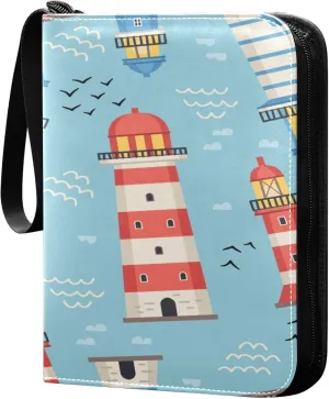 Exnundod 4 Pocket Trading Card Binder Lighthouses Colorful PU Leather Card Collection Binder Seagulls Sports Card Binder 400 Cards Organizer Binder Collectible Trading Card Albums