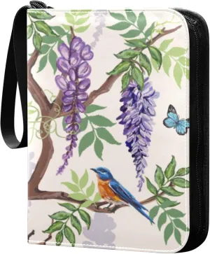 Exnundod 4 Pocket Trading Card Binder Purple Floral Birds Butterflies, PU Leather Card Collection Binder Colorful Vintage 400 Cards Organizer Binder Collectible Trading Card Albums for Sports Game C