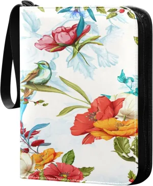 Exnundod 4 Pocket Trading Card Binder Spring Birds Floral, PU Leather Card Collection Binder Colorful Flowers Summer 400 Cards Organizer Binder Collectible Trading Card Albums for Sports Game Card