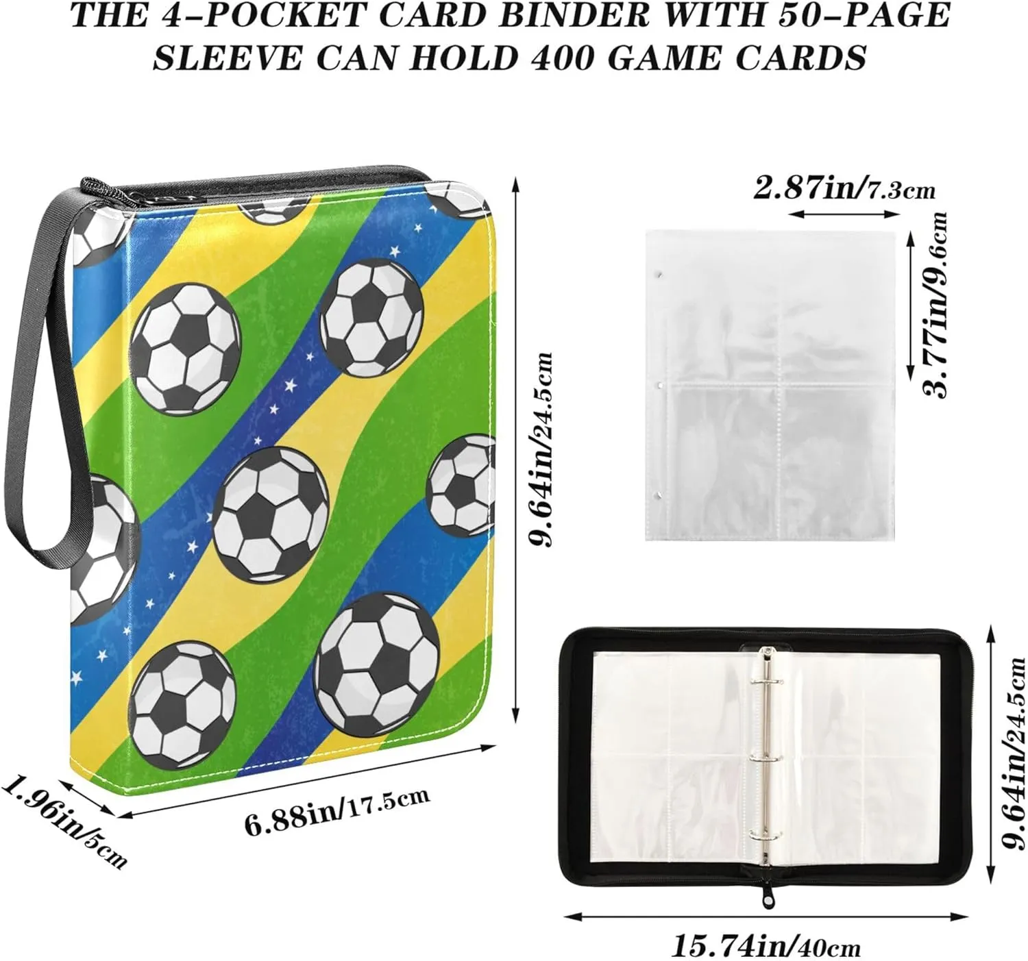 Exnundod Cartoon Soccer Football Trading Card Binder for Cards, Colorful Stripe Card Album 4-Pockets for 400 Cards with Removable Sleeves PU Baseball Card Holder Football Sports Card Collection