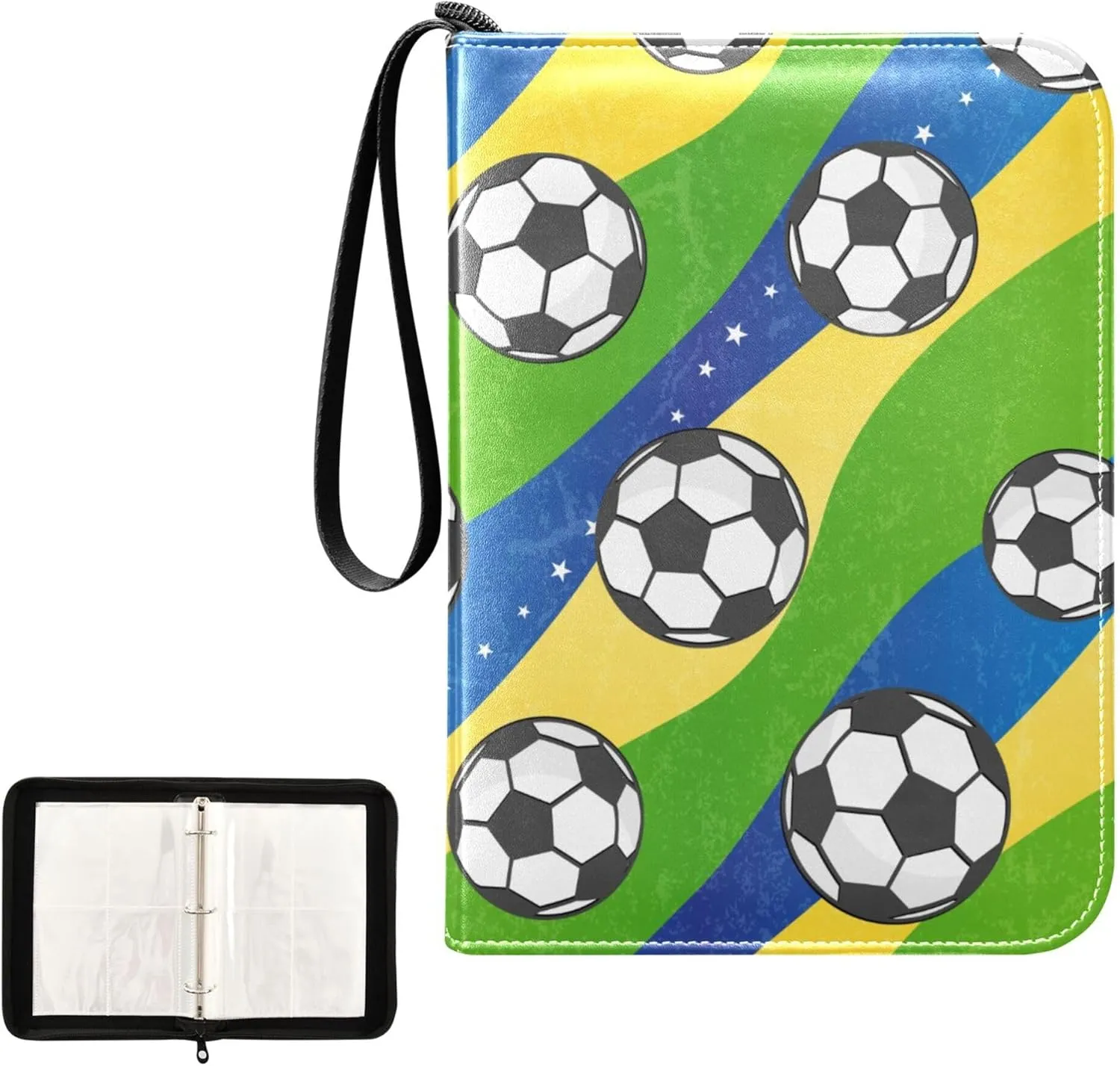 Exnundod Cartoon Soccer Football Trading Card Binder for Cards, Colorful Stripe Card Album 4-Pockets for 400 Cards with Removable Sleeves PU Baseball Card Holder Football Sports Card Collection