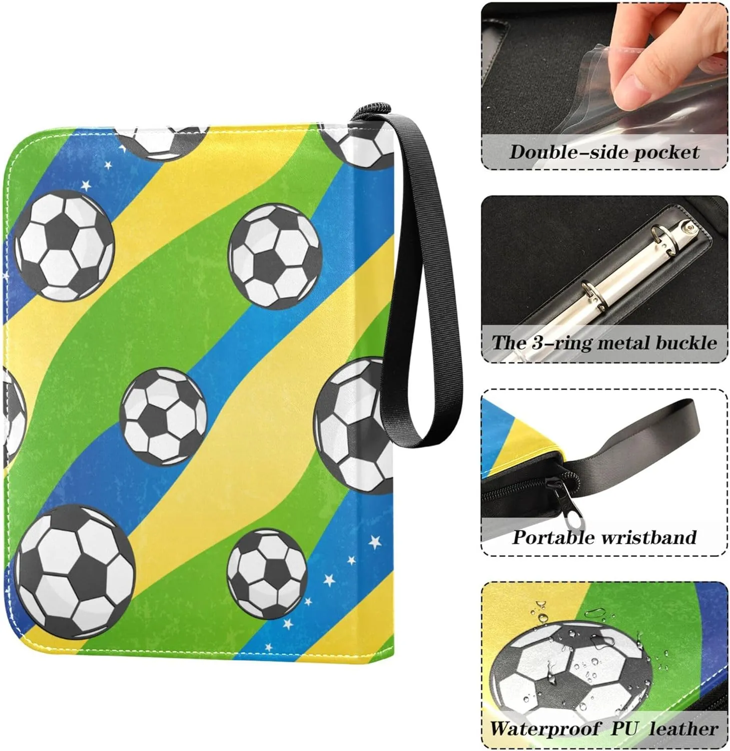 Exnundod Cartoon Soccer Football Trading Card Binder for Cards, Colorful Stripe Card Album 4-Pockets for 400 Cards with Removable Sleeves PU Baseball Card Holder Football Sports Card Collection