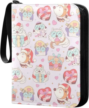 Exnundod Colorful Animals Joyful Christmas Trading Card Binder for Cards Card Album 4-Pockets 400 Cards Removable Sleeves PU Baseball Card Holder Football Sports Card Collection
