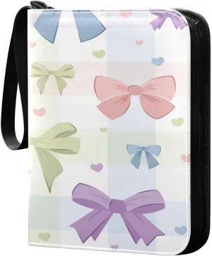 Exnundod Colorful Bows Ribbons Trading Card Binder for Cards Card Album 4-Pockets 400 Cards Removable Sleeves PU Baseball Card Holder Football Sports Card Collection