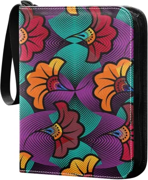 Exnundod Colorful Ethnic Flowers Trading Card Binder for Cards, Ethnic African Floral Card Album 4-Pockets for 400 Cards with Removable Sleeves PU Baseball Card Holder Football Sports