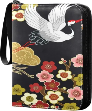 Exnundod Colorful Japanese Floral Trading Card Binder for Cards, White Crane Card Album 4-Pockets for 400 Cards with Removable Sleeves PU Baseball Card Holder Football Sports Card Collection