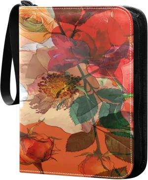 Exnundod Colorful Watercolor Floral Roses Trading Card Binder for Cards, Art Vintage Card Album 4-Pockets for 400 Cards with Removable Sleeves PU Baseball Card Holder Football Sports Card Collectio