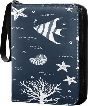 Exnundod Sport Card Binder Fishes and Starfishes 4 Pocket Trading Card Binder PU Leather Card Collection Marine 400 Cards Organizer Trading Card Albums for Sports Game Card