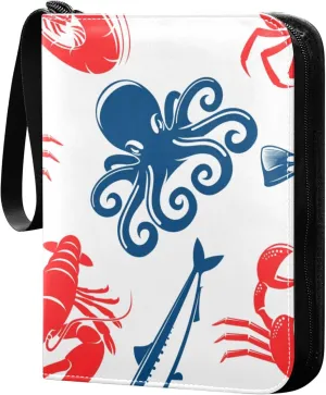 Exnundod Sport Card Binder Seafood Fish and Crab 4 Pocket Trading Card Binder PU Leather Card Collection Shrimp and Flounder 400 Cards Organizer Trading Card Albums for Sports Game Card