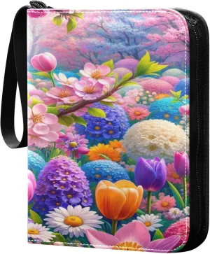 Exnundod Sport Card Binder Spring Flower Hummingbird 4 Pocket Trading Card Binder PU Leather Card Collection Colorful 400 Cards Organizer Trading Card Albums for Sports Game Card