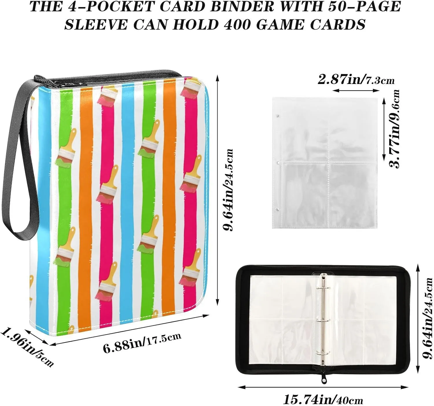 Exnundod Trading Card Binder for Cards Brushes with Colorful Stripes Card Album 4-Pockets 400 Cards Removable Sleeves PU Baseball Card Holder Football Sports Card Collection