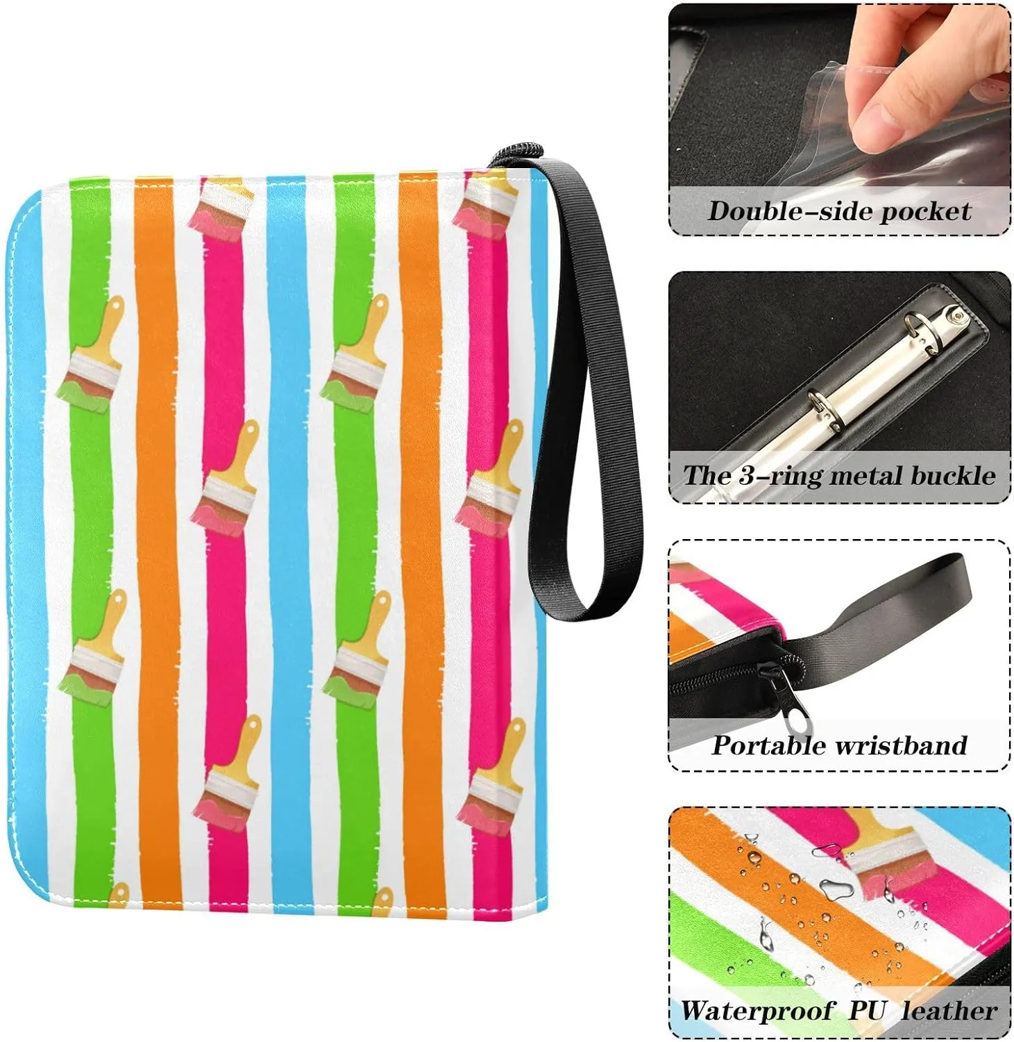 Exnundod Trading Card Binder for Cards Brushes with Colorful Stripes Card Album 4-Pockets 400 Cards Removable Sleeves PU Baseball Card Holder Football Sports Card Collection