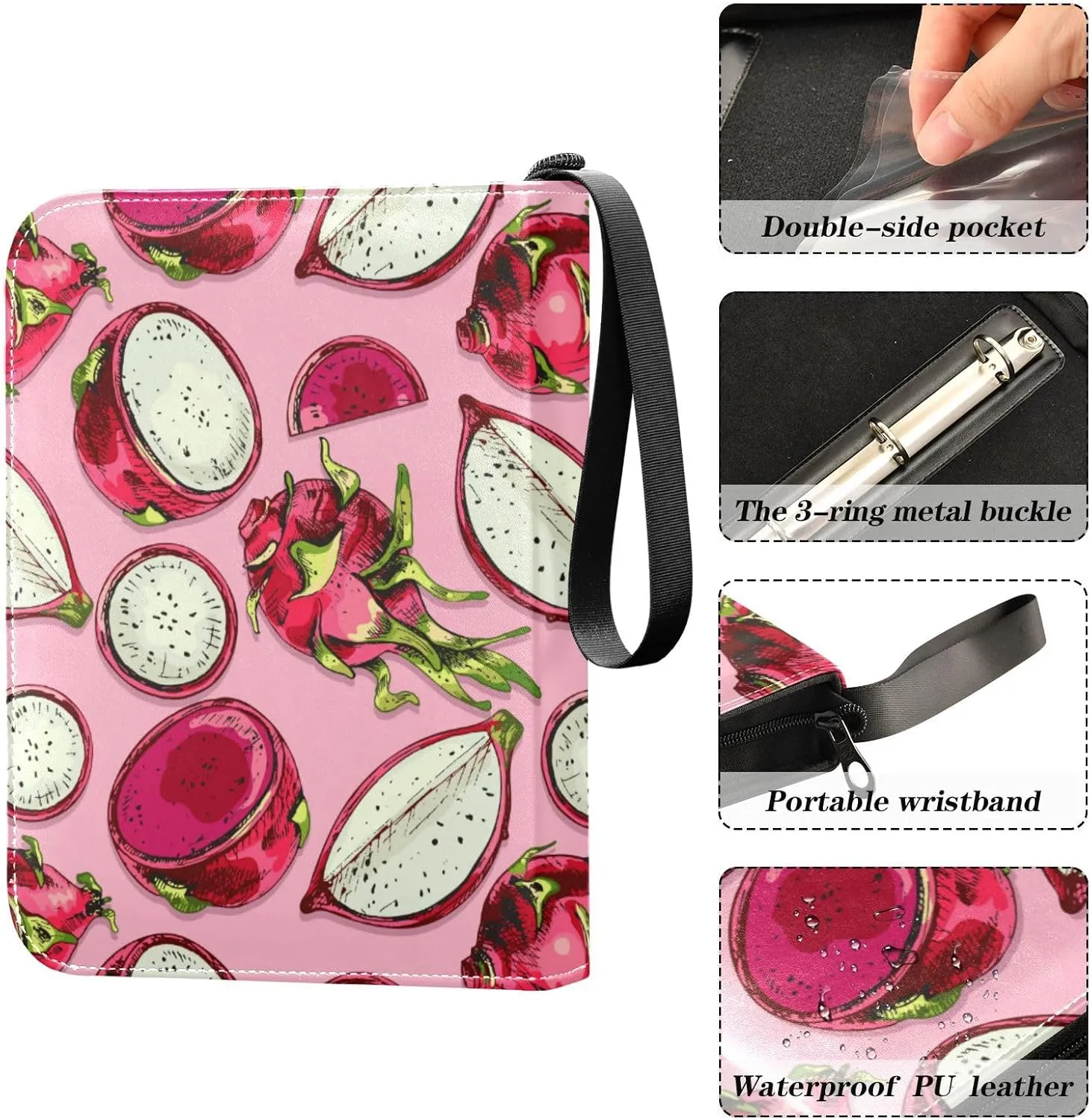 Exnundod Trading Card Binder for Cards Dragon Fruit Colorful Card Album 4-Pockets 400 Cards Removable Sleeves PU Baseball Card Holder Football Sports Card Collection