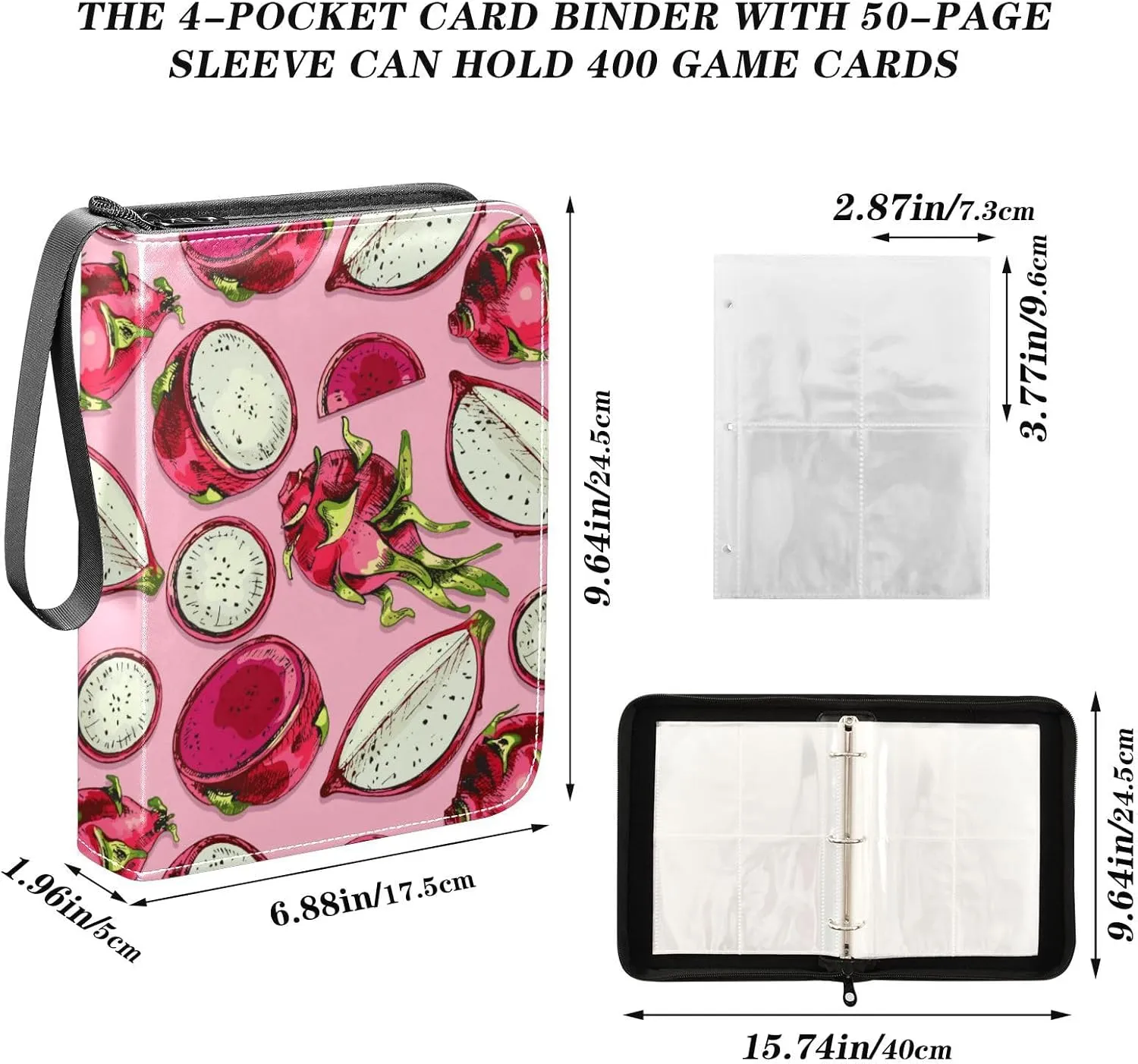 Exnundod Trading Card Binder for Cards Dragon Fruit Colorful Card Album 4-Pockets 400 Cards Removable Sleeves PU Baseball Card Holder Football Sports Card Collection