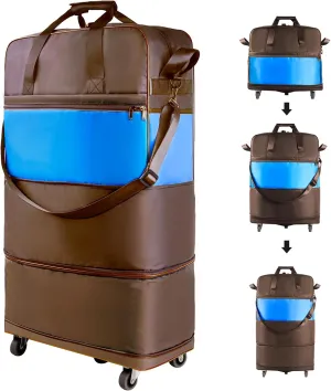 Expandable Foldable Suitcase with Bottom Handle Collapsible Luggage Bag with Wheels Large Capacity Lightweight Carry-on Suitcases Rolling Travel Duffel Bag for Women and Men,COFFEE