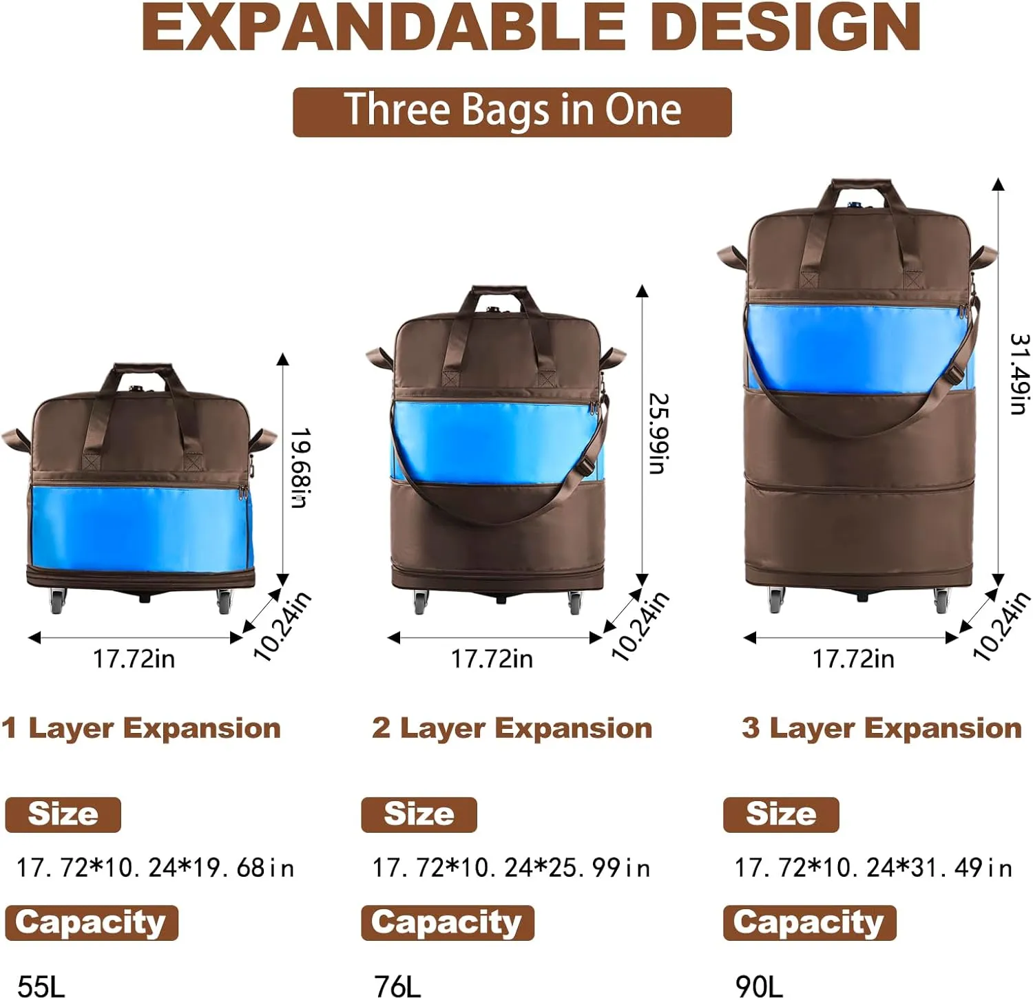 Expandable Foldable Suitcase with Bottom Handle Collapsible Luggage Bag with Wheels Large Capacity Lightweight Carry-on Suitcases Rolling Travel Duffel Bag for Women and Men,COFFEE