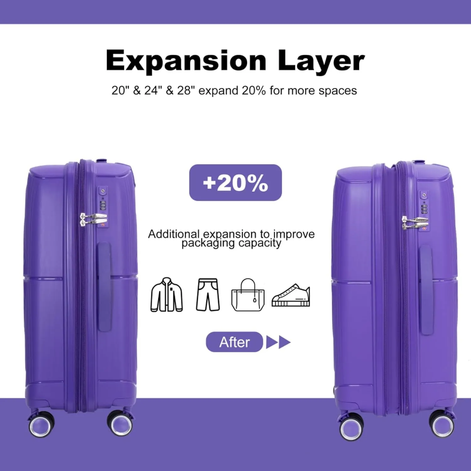 Expandable Hardshell Suitcase Double Spinner Wheels PP Luggage Sets Lightweight Durable Suitcase with TSA Lock,3-Piece Set (20/24/28),Black-NEW SKU W284P197041/W284P197039 (Purple   Polypropylene)