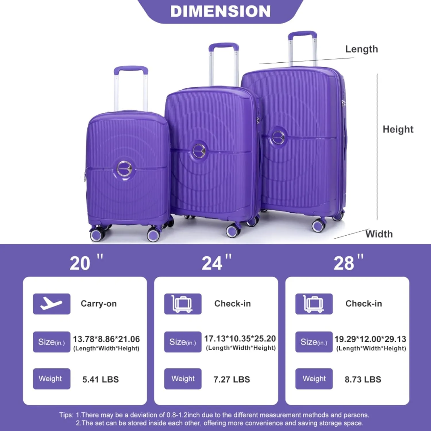Expandable Hardshell Suitcase Double Spinner Wheels PP Luggage Sets Lightweight Durable Suitcase with TSA Lock,3-Piece Set (20/24/28),Black-NEW SKU W284P197041/W284P197039 (Purple   Polypropylene)