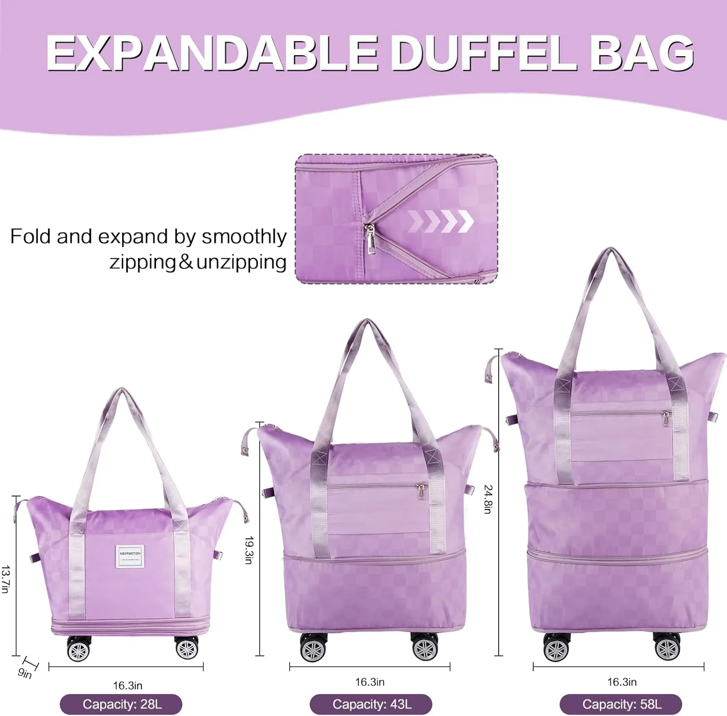 Expandable Rolling Duffle Bag - Large Carry-On With Spinner Wheels, Foldable Weekend Travel Bag, 28-58L Capacity(Purple)
