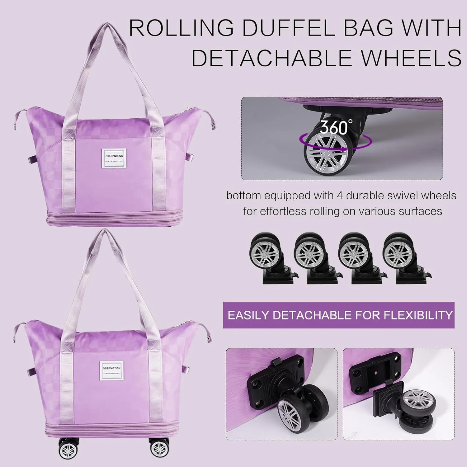 Expandable Rolling Duffle Bag - Large Carry-On With Spinner Wheels, Foldable Weekend Travel Bag, 28-58L Capacity(Purple)