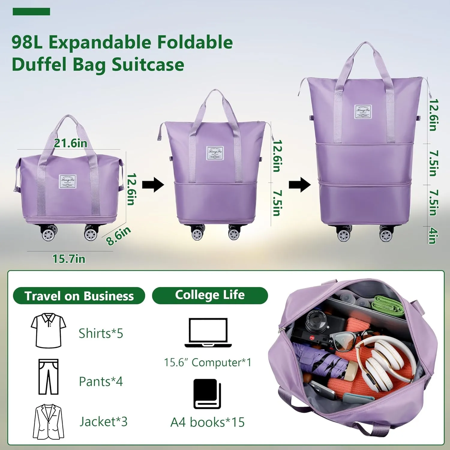 Expandable Suitcase, Folding Travel Bag with Wheels, Weekender Travel Bag for Carry-On, Tote Bag with Storage Space，Large luggage bag for Business Trips, Camping, Short Trips, Fitness