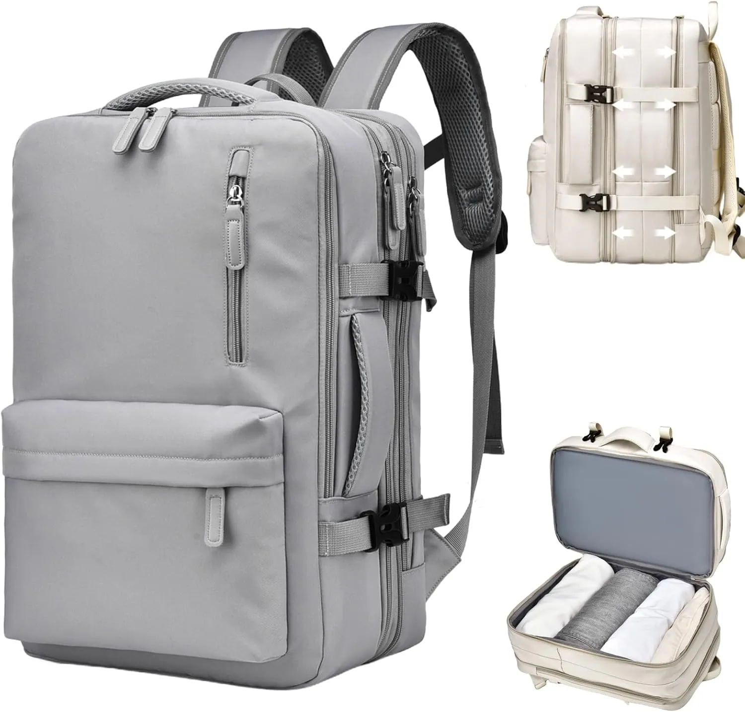Expandable Travel Backpack for Men Women, Large Carry on Backpack Airplane Approved 15.6" Laptop Backpack with USB Charging Port,Water Resistant Lightweight Daypack for Flight 50L Grey