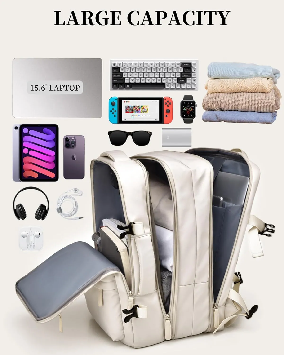 Expandable Travel Backpack for Men Women, Large Carry on Backpack Airplane Approved 15.6" Laptop Backpack with USB Charging Port,Water Resistant Lightweight Daypack for Flight 50L Grey
