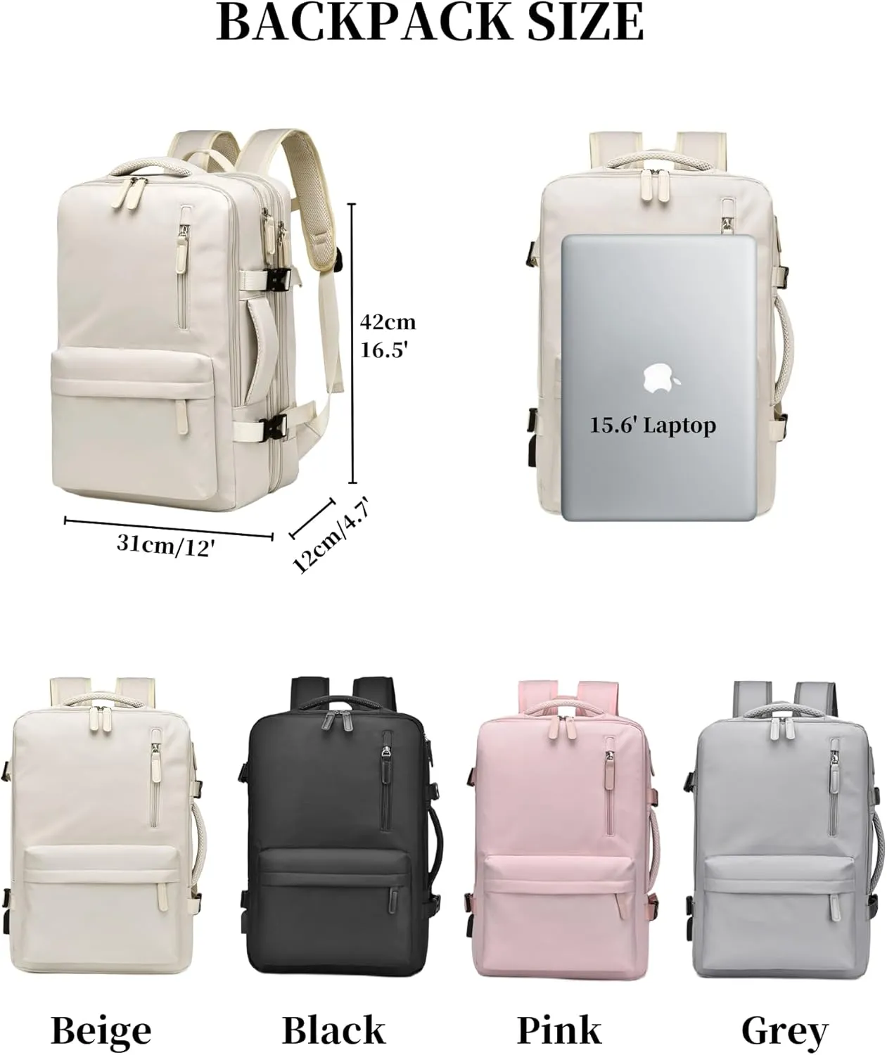 Expandable Travel Backpack for Men Women, Large Carry on Backpack Airplane Approved 15.6" Laptop Backpack with USB Charging Port,Water Resistant Lightweight Daypack for Flight 50L Grey