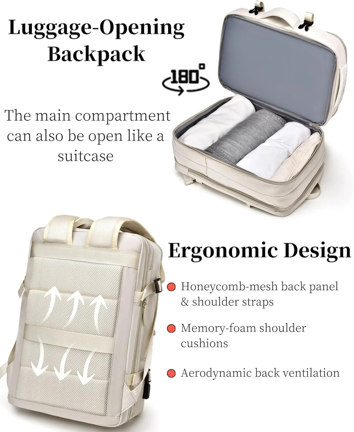 Expandable Travel Backpack for Men Women, Large Carry on Backpack Airplane Approved 15.6" Laptop Backpack with USB Charging Port,Water Resistant Lightweight Daypack for Flight 50L Grey