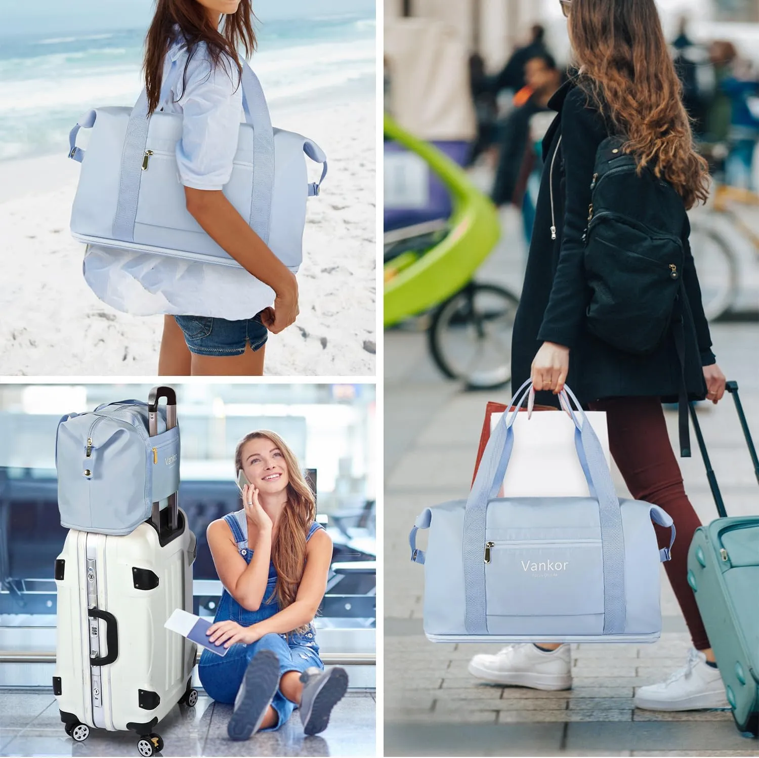 Expandable Travel Duffle Bag for Travel, Carry on Tote Bag Weekender Overnight Hosptital Bag for Men Women Lightweight Luggage Maternity Bag Light Blue