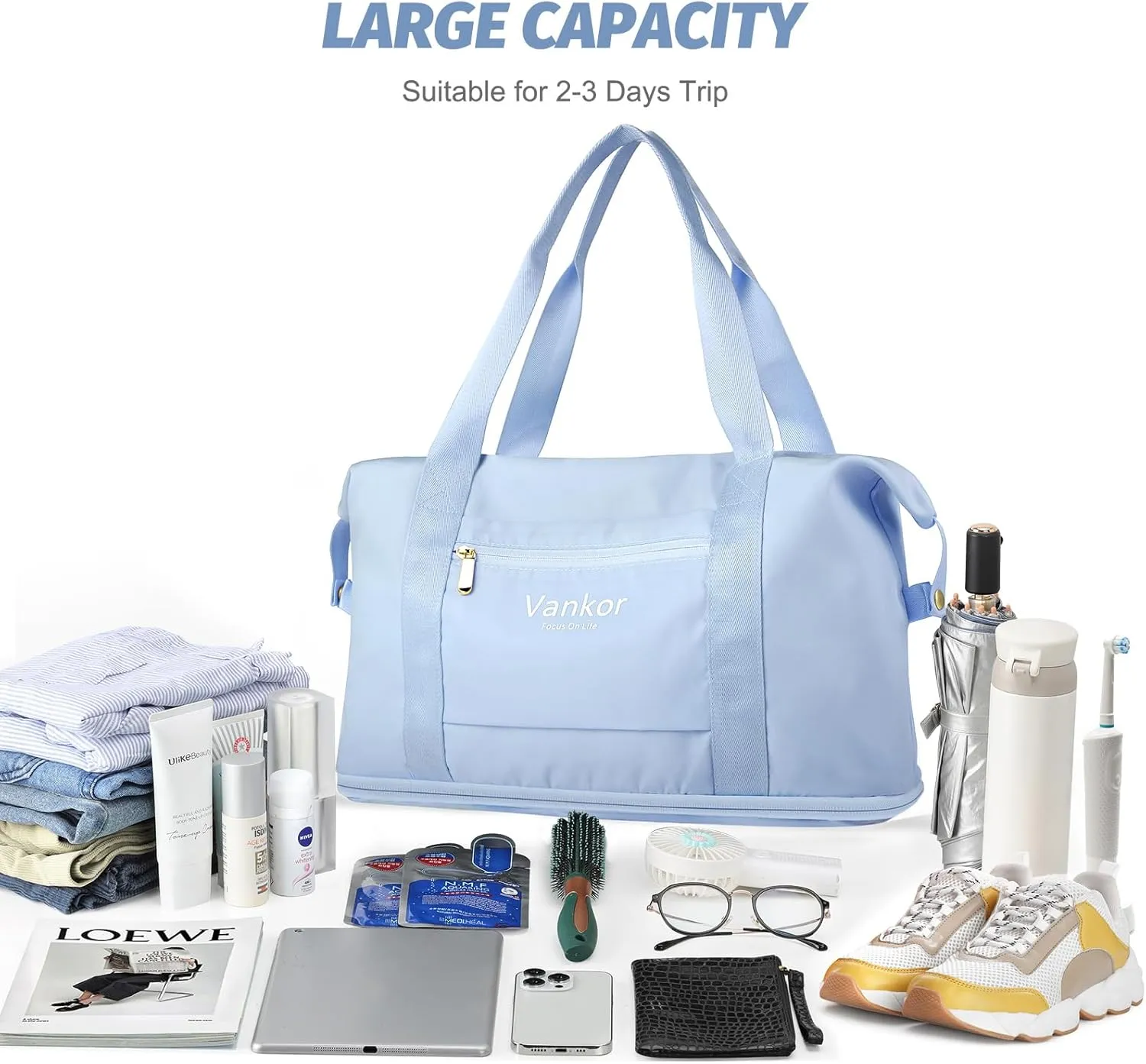 Expandable Travel Duffle Bag for Travel, Carry on Tote Bag Weekender Overnight Hosptital Bag for Men Women Lightweight Luggage Maternity Bag Light Blue
