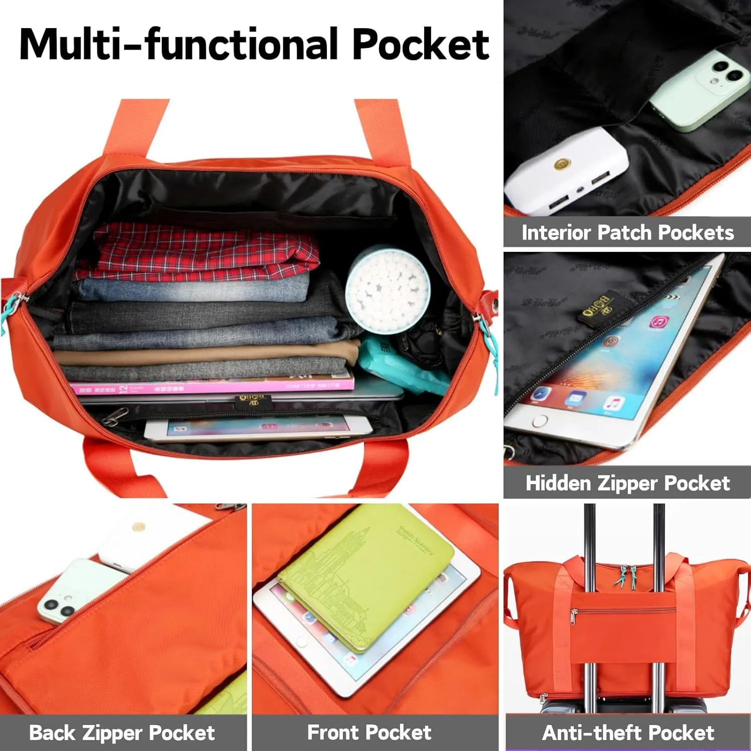 Expandable Travel Duffle Bag for Women Men, Lightweight Foldable Travel Tote Bags Gym Bag, Large Waterproof Carry On Weekender Overnight Bag with Wet Pocket for Workout, Fitness, Shopping Black