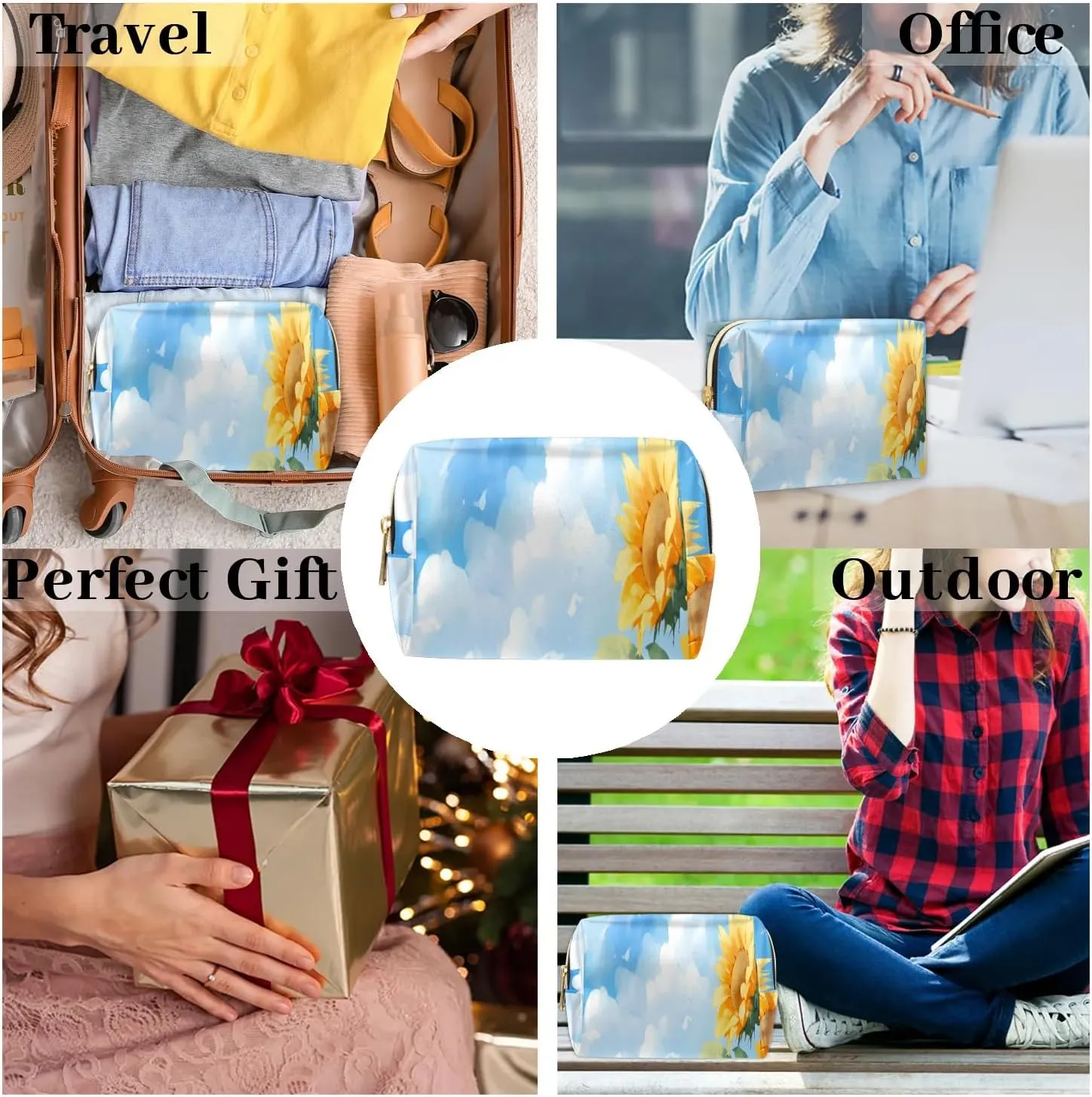 Exquisite Prints Vivid Flora Travel Makeup Bag for Women, PU Leather Waterproof Checkered Cosmetic Bags Large Make up Bag Zipper Pouch