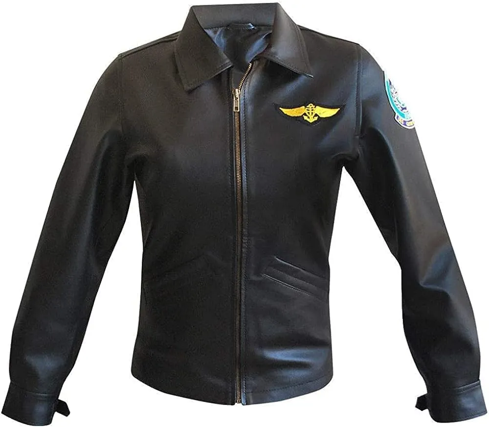 FAMFALCOM Women Kelly McGillis Charlie Black Leather Jacket| Top Flying Gun Aviator Leather Jacket for Women
