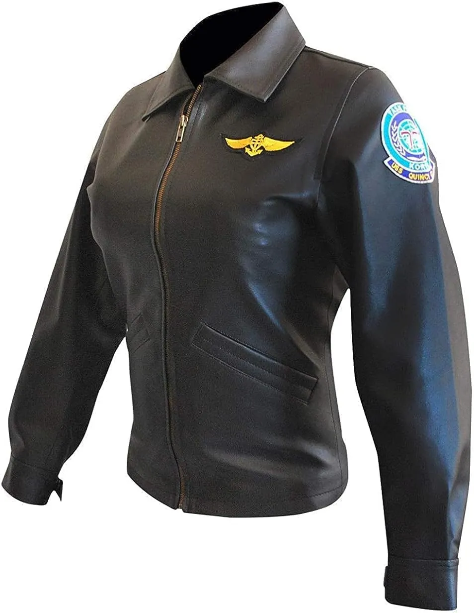 FAMFALCOM Women Kelly McGillis Charlie Black Leather Jacket| Top Flying Gun Aviator Leather Jacket for Women
