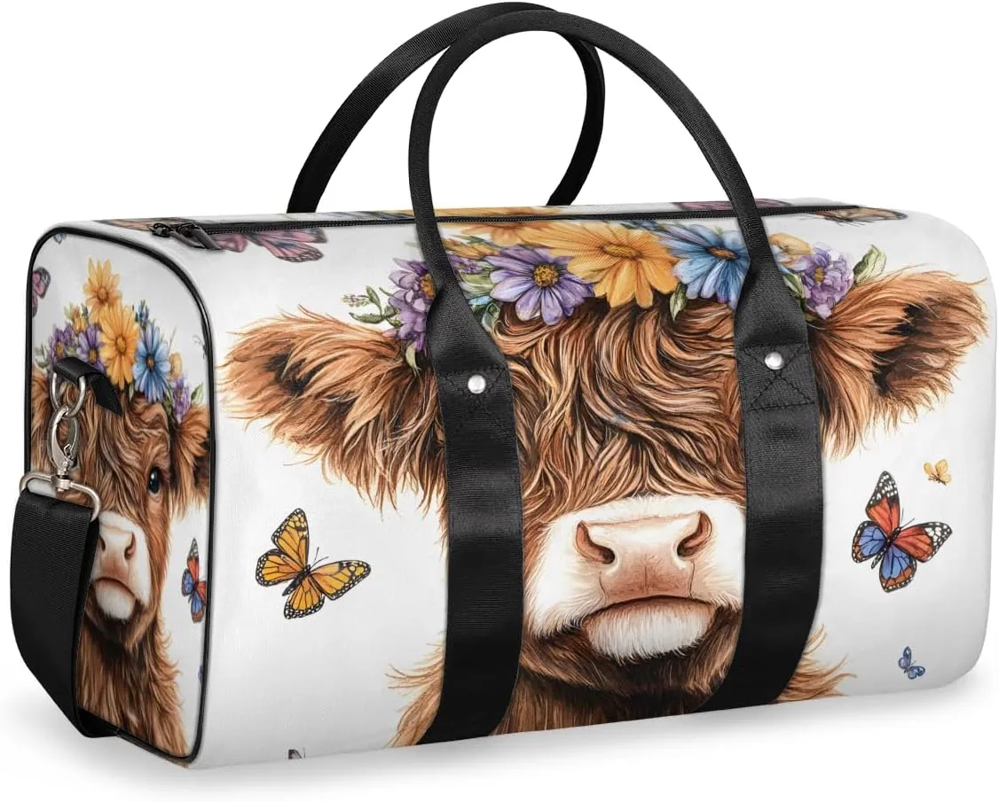 Farmhouse Highland Cow Travel Duffle Bag for Women Men Gym Duffel Foldable Bag Waterproof Weekender Western Wildlife Duffle Tote